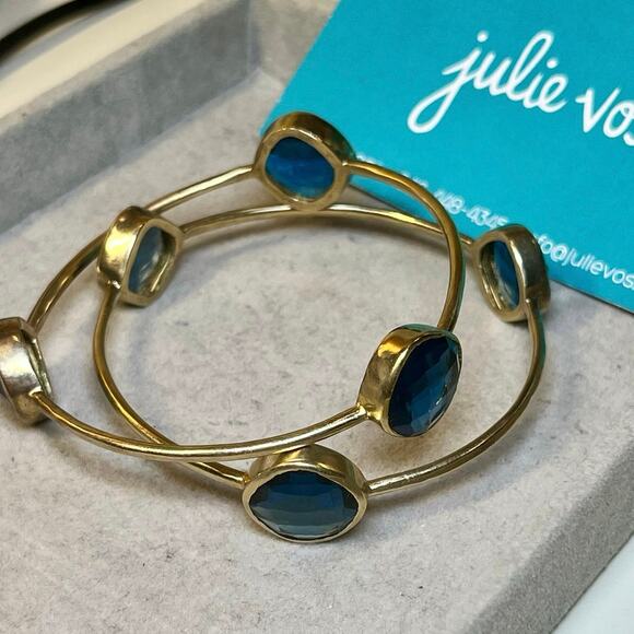 Julie Vos Gold Bangles Set of 3 Blue Stone Stackable Bracelets Boho Layered - Picture 2 of 11
